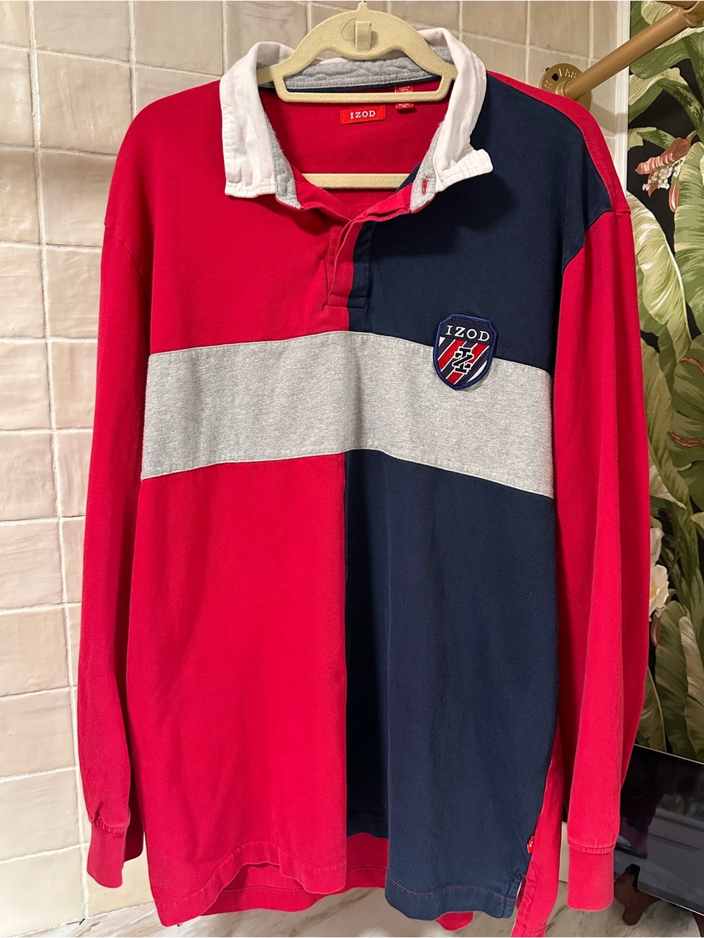 Vintage IZOD Colorblock Rugby Shirt Red Navy Gray Crest XL
